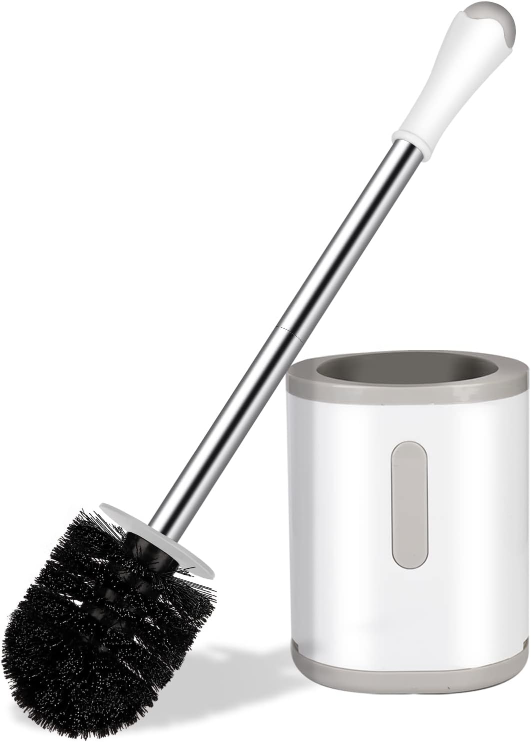 AONEZ Compact Toilet Brush & Holder, Stainless Steel Handle, Space Saving for Storage, Deep Cleaning, Drip-Proof, Easy to Assemble, Nylon Bristles, White & Grey