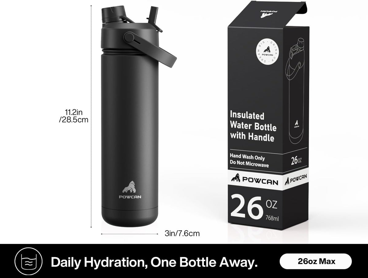 POWCAN 26 oz Insulated Water Bottle with 2-in-1 Straw and Spout Lid, Keep Cold 24H, Leak-Proof, Fits in Car Cup Holder, Stainless Steel Water Bottle for Sports, Travel, and School (Dark Knight)
