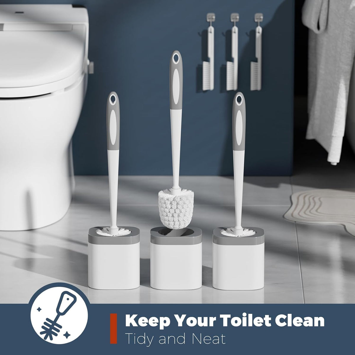 Holaloha Toilet Brush, 3 Pack Toilet Brush and Holder Set Bathroom Accessories, Toilet Bowl Brush and Holder with 3 Crevice Brush for Bathroom, Toilet Scrubber Brush (White)