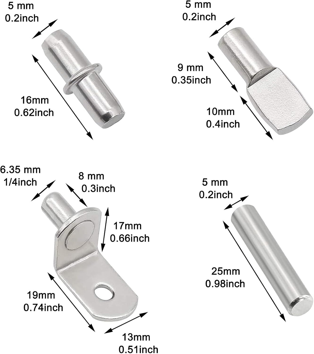 104Pcs Shelf Pins Kit,4 Styles Nickel Plated Shelf Support Pegs,Bookshelf Pegs for Shelves,Cabinet Shelf Bracket Pegs Shelf Pins Holders for Kitchen Furniture & Closet ( 5mm & 1/4inch )