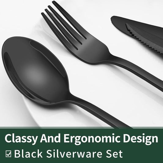 EWFEN 24-Piece Black Silverware Set with Steak Knives, Black Flatware Set for 4, Food-Grade Stainless Steel Tableware Cutlery Set, Mirror Finished Utensil Sets for Home Restaurant, Round Edge