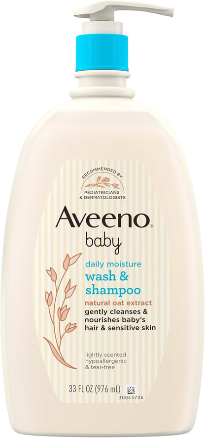 Aveeno Baby Daily Moisture Body Wash & Shampoo with Oat Extract, Hypoallergenic, Tear-Free, No Added Parabens, pH-Balanced Formula For Sensitive Hair & Skin, Baby Essentials, 33 fl oz