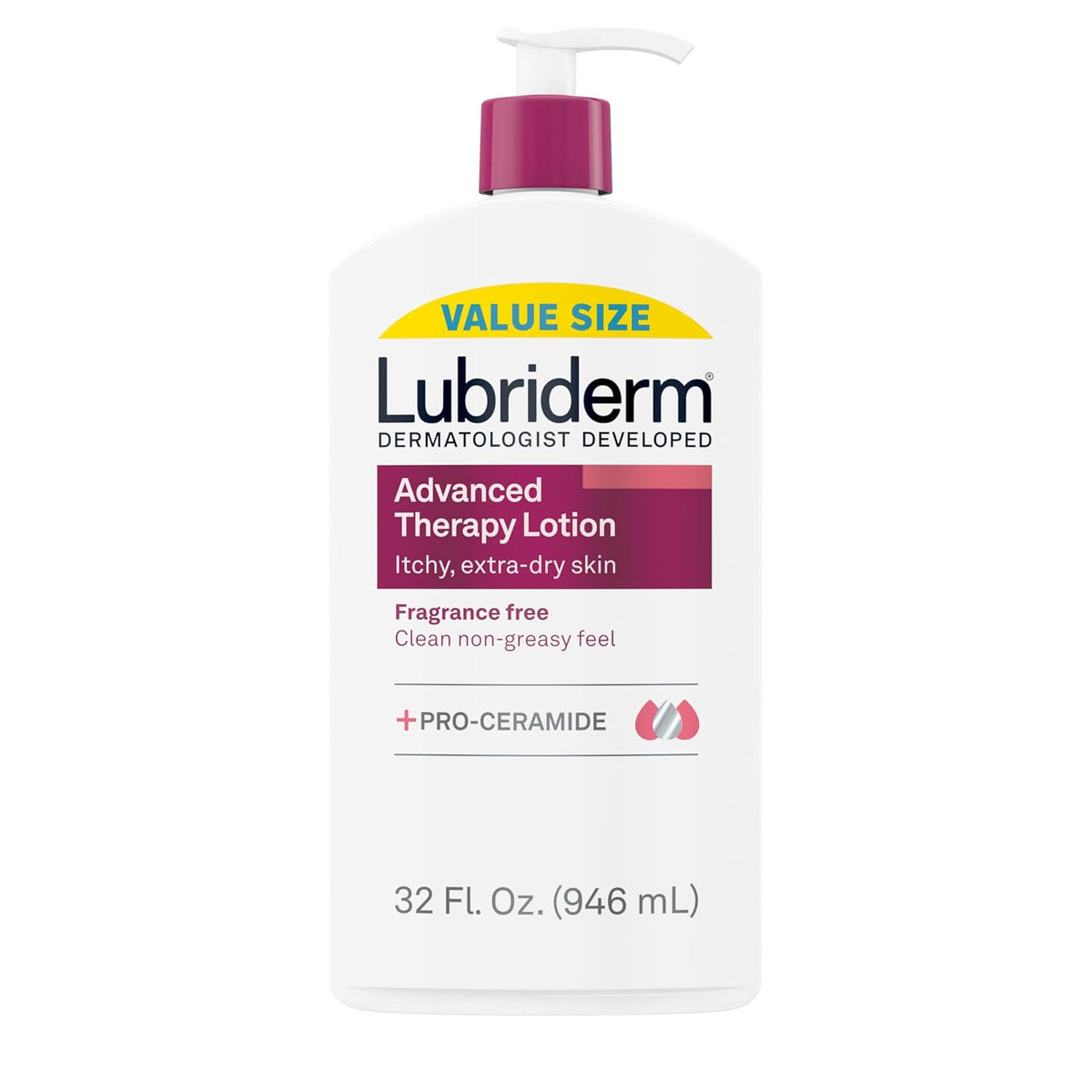 Lubriderm Advanced Therapy Fragrance-Free Moisturizing Hand & Body Lotion + Pro-Ceramide, Intense Hydration for Itchy, Extra Dry, & Sensitive Skin, Non-Greasy, Hypoallergenic, 32 fl. oz