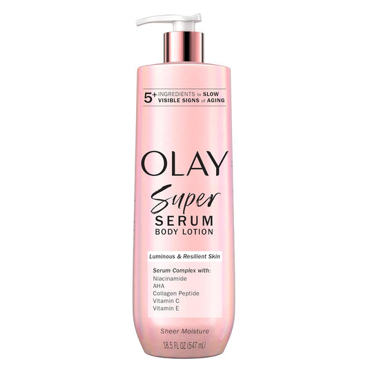 Olay Super Serum Hand & Body Lotion for Dry Skin, 24hr Long Lasting Hydration, 5+ Ingredient Complex for Bright Even Firm Luminous Skin, Sweet Vanilla & Soft Wood Scent, 18.5 fl oz