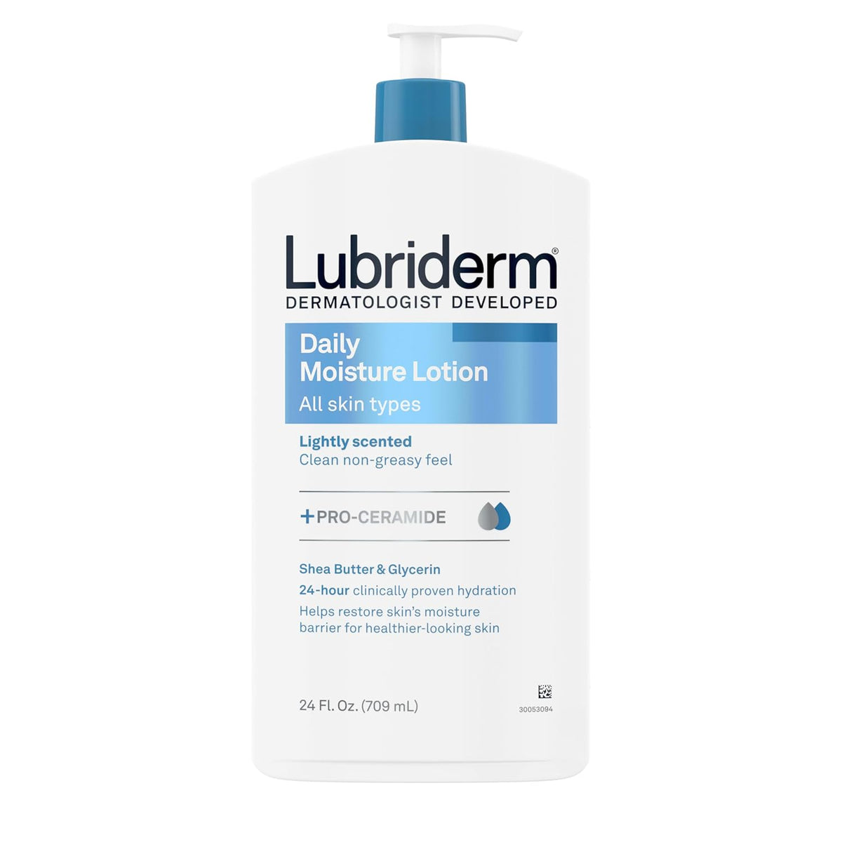 Lubriderm Daily Moisture Lotion + Pro-Ceramide, Shea Butter & Glycerin, Hydrating Face, Hand & Body Lotion, 24-hour Moisturizer for Dry Skin, Paraben & Dye Free, Scented, Non-Greasy, 24 FL OZ