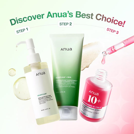 Anua 3-Step Glass Skin Beginner Set, Oil Cleanser and Face Wash with Facial Serum, Double Cleansing Daily Routine with Niacinamide, Korean Skin Care Set
