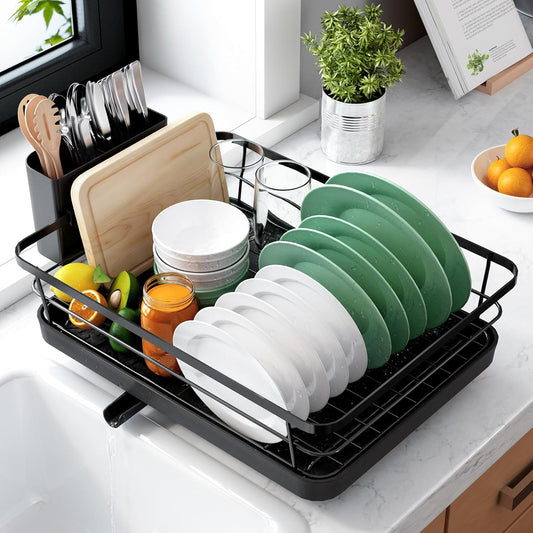 Kitsure Dish Drying Rack for Kitchen Counter, Stainless Steel Sink Organization and Storage Essentials with Cutlery Holder, Home and Appartment Decor, 12''W x 15.5''L, Black