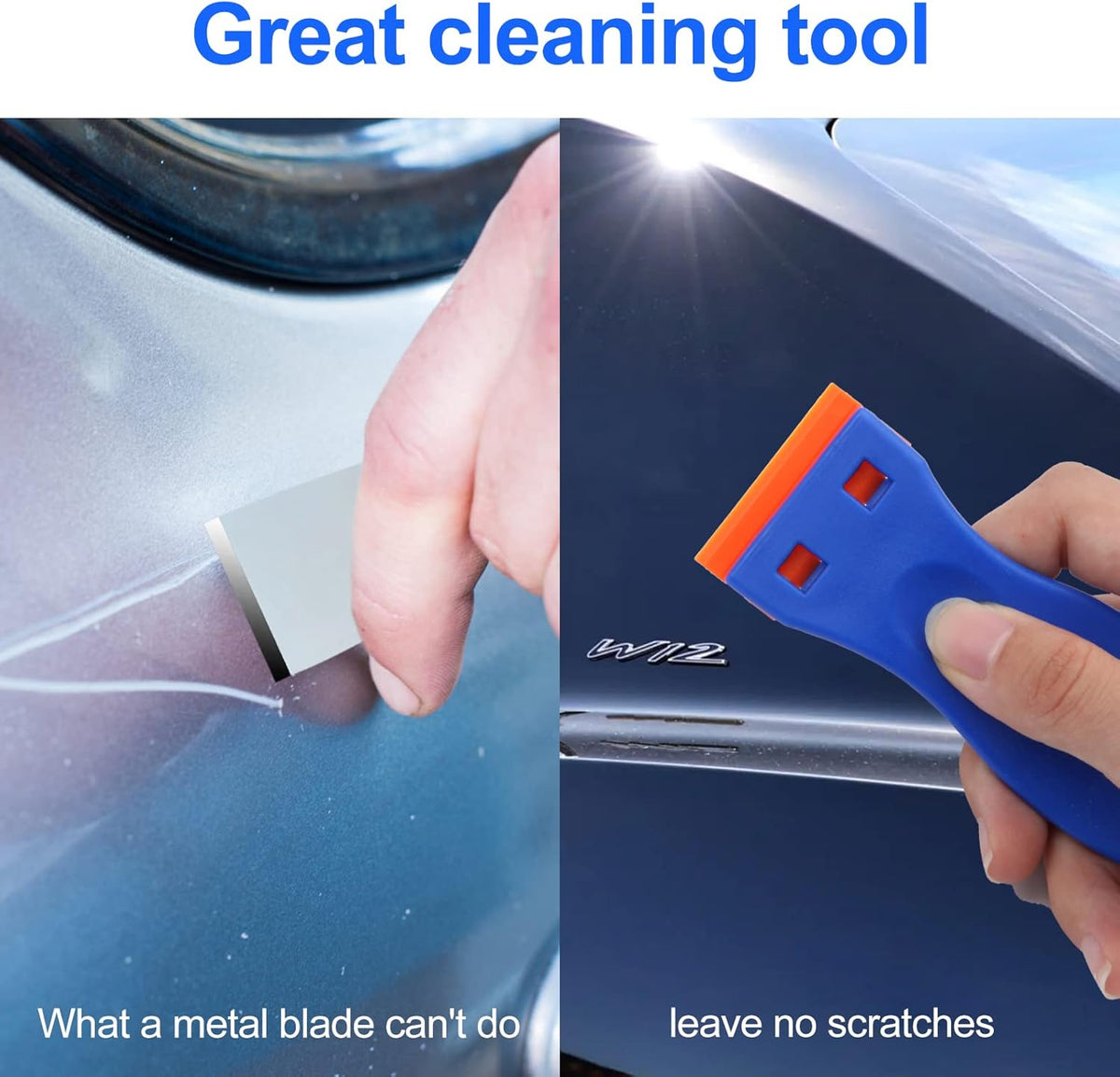 4 Pcs Plastic Razor Blade Scraper and 100 Pcs Blades, Remove Label Decal Tool， Forwithout Scratches Plastic Razor Blade Scraper, Adhesive Remover for Stickers, Gaskets and Paints on Window Car Glass