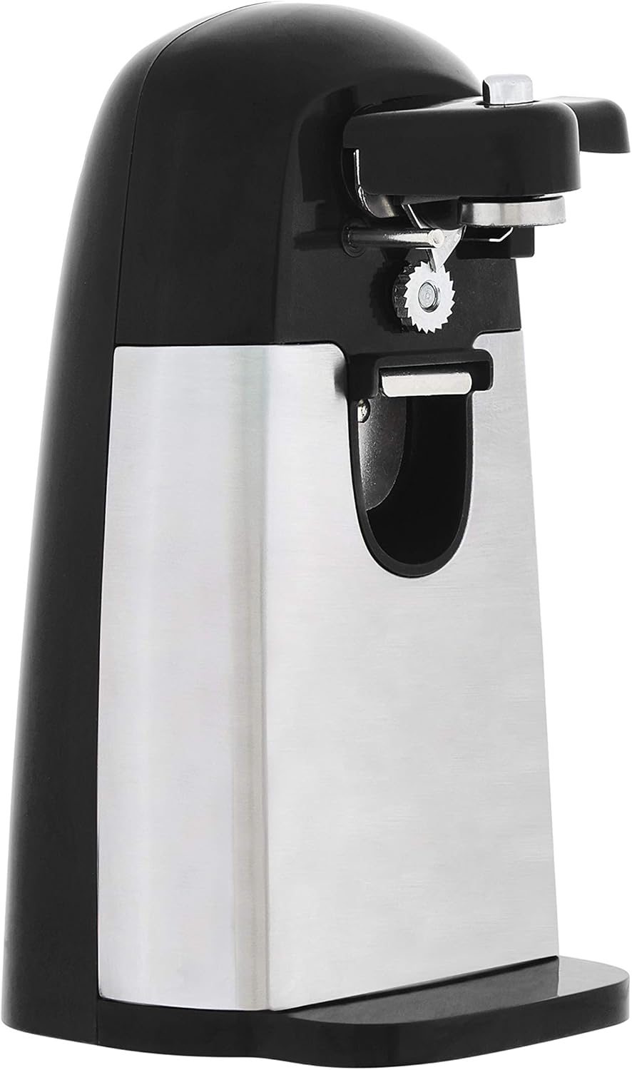 Amazon Basics 3-In-1 Electric Can Opener, Bottle Opener and Knife Sharpener with Stainless Steel Blade, Magnetic Lid Holder, Safe, Easy to Use, Powerful, Sleek Design, 50W, Black
