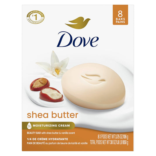 Dove Beauty Bar Soap Shea Butter, 8 Bars for Nourished, Radiant Skin, Enriches Skin 3.75 oz