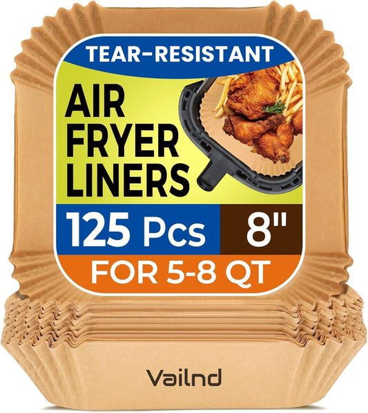 Air Fryer Paper Liners, 125Pcs Parchment Paper, Air Fryer Liners Disposable for Microwave, Non-Stick Air Fryer Liner Square Free of Bleach (8IN)