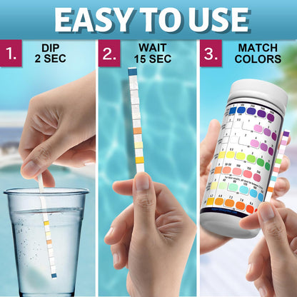EASYTEST 7-Way Pool Test Strips, 150 Strips Water Chemical Testing for Hot tub and Spa, Accurate Test Bromine, Total Alkalinity, pH, Free Chlorine, Total Hardness, Cyanuric Acid, and Total Chlorine