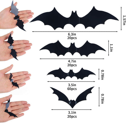DIYASY Bats Wall Decor, 120 Pcs 3D Bat Halloween Decoration Stickers for Home Decor 4 Size Waterproof Black Spooky Bats for Room Decals