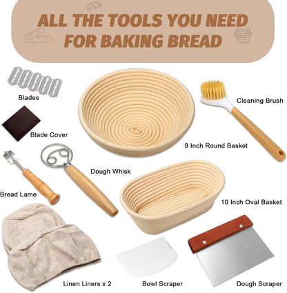Sourdough Proofing Basket Gift Set, 9" Round and 10" Oval Banneton Bread Baking Supplies, Sourdough Baskets with Bread Lame, Danish Whish, Bowl Scraper, Sourdough Scraper, and Linen Liner