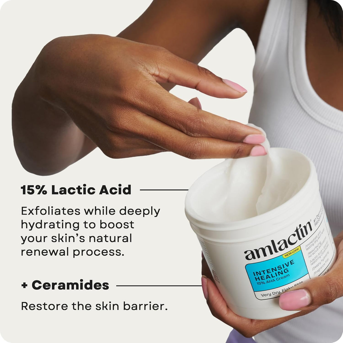 AmLactin Intensive Healing - Therapeutic Body Cream for Extremely Dry Skin - No-Scrub Exfoliator and Body Moisturizer Cream with 15% Lactic Acid AHA and Ceramides, 12 oz (Packaging May Vary)