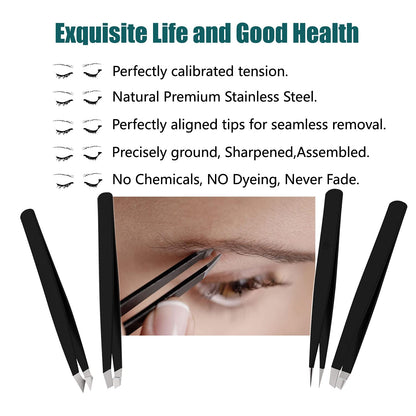 LUDOUPIER [4+1 Pieces] Tweezers Set with Travel Case, Great Precision Upgrade Professional Anti-rust Alloy Tweezers for Women & Men Multi-purpose as Eyebrows Facial Hair Ingrown Hair Removal