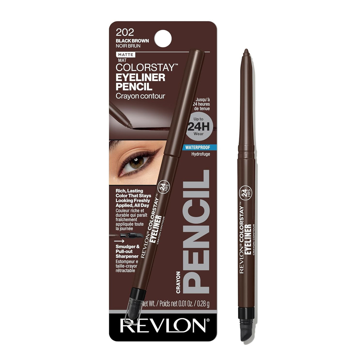 Revlon ColorStay Pencil Waterproof Eyeliner, Smudge-Proof, Eye Makeup with Built-In Sharpener, 202 Black Brown, 0.01 oz