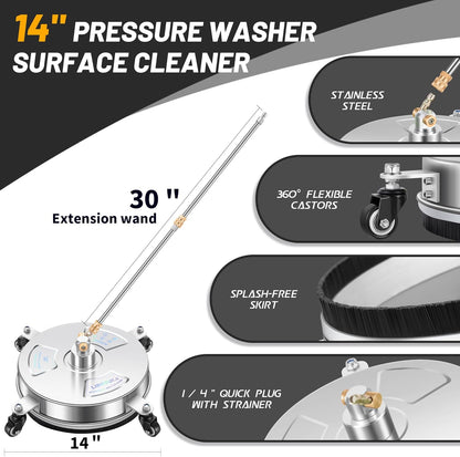 14" Pressure Washer Surface Cleaner with 4 Wheels - Stainless Steel Surface Cleaner for Pressure Washer Attachment for Concrete, Patio, Sidewalk, Deck and Driveways - PWS14