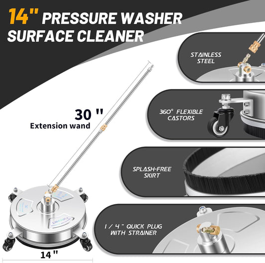 14" Pressure Washer Surface Cleaner with 4 Wheels - Stainless Steel Surface Cleaner for Pressure Washer Attachment for Concrete, Patio, Sidewalk, Deck and Driveways - PWS14