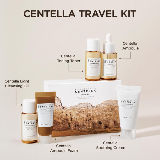 SKIN1004 Centella Travel Kit, Korean Skin Care Set with Toner, Moisturiser, Serum, Cleansing Oil & Cleanser, Travel Size Set with Madagascar Centella, Sensitive Skin, Perfect for Travel Beauty & Gifts