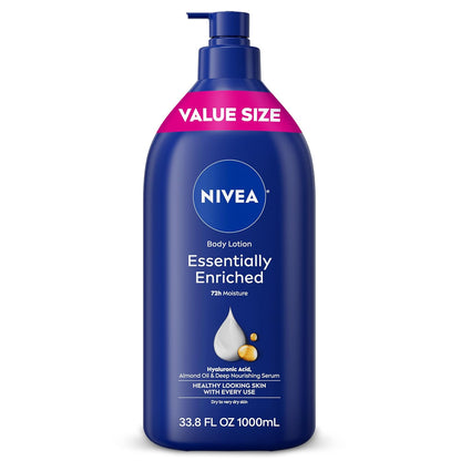 NIVEA Essentially Enriched Body Lotion for Very Dry Skin with Hyaluronic Acid, Almond Oil and Deep Nourishing Serum, 72-Hour Body Moisturizer, 33.8 Fl Oz Value Size Pump Bottle