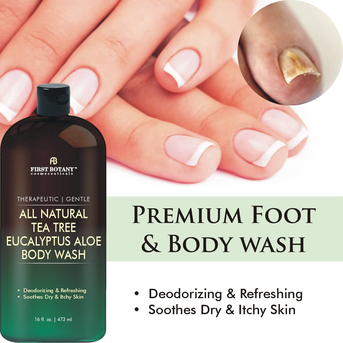 First Botany, ALL Natural Body Wash - Fights Body Odor, Athlete's Foot, Jock Itch, Nail Issues, Dandruff, Acne, Eczema, Shower Gel for Women & Men, Skin Cleanser -16 fl oz (Tea Tree Eucalyptus)
