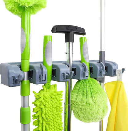 Amazon Basics Rectangular Heavy Duty Wall Mount Broom and Mop Holder, Sturdy Tool Organizer with Hooks and Slots for Garage, Garden, Laundry, Kitchen Organization, 2.36 x 16.9 x 3.35 in, Gray