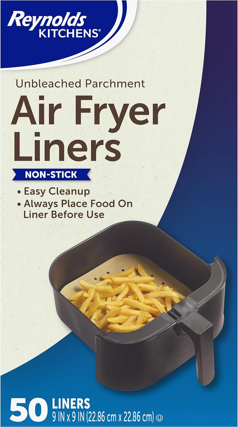 Reynolds Kitchens Air Fryer Liners Disposable, Unbleached Parchment Paper Sheets, 50 Count