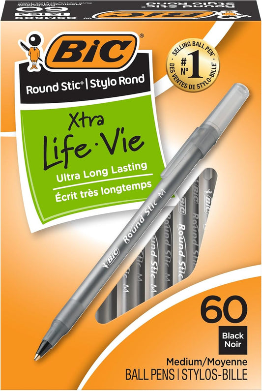 BIC Round Stic Xtra Life Ballpoint Pen, Ultra Long Lasting and Consistent Ink Flow, 60-Count in Black Ink