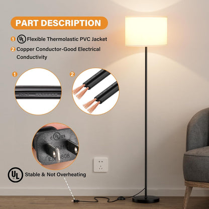 Modern Floor Lamp Simple Design with White Shade, Foot Pedal Switch, 60" Small Tall Lamps for Living Room Bedroom Office Dining Room Kitchen, Black Pole Lamp(Without Bulb)