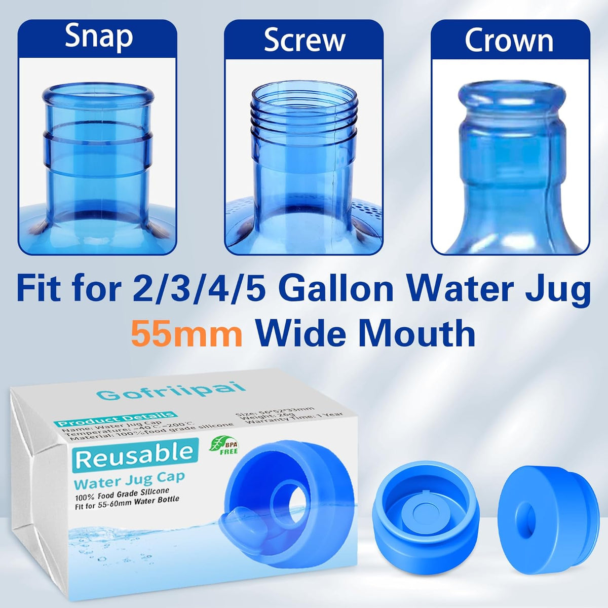 Gofriipai 3 and 5 Gallon Water Jug Cap, Silicone Reusable Replacement Cap, Non Spill Bottle Caps for 55mm Bottle Water Dispenser Caps - Pack of 3