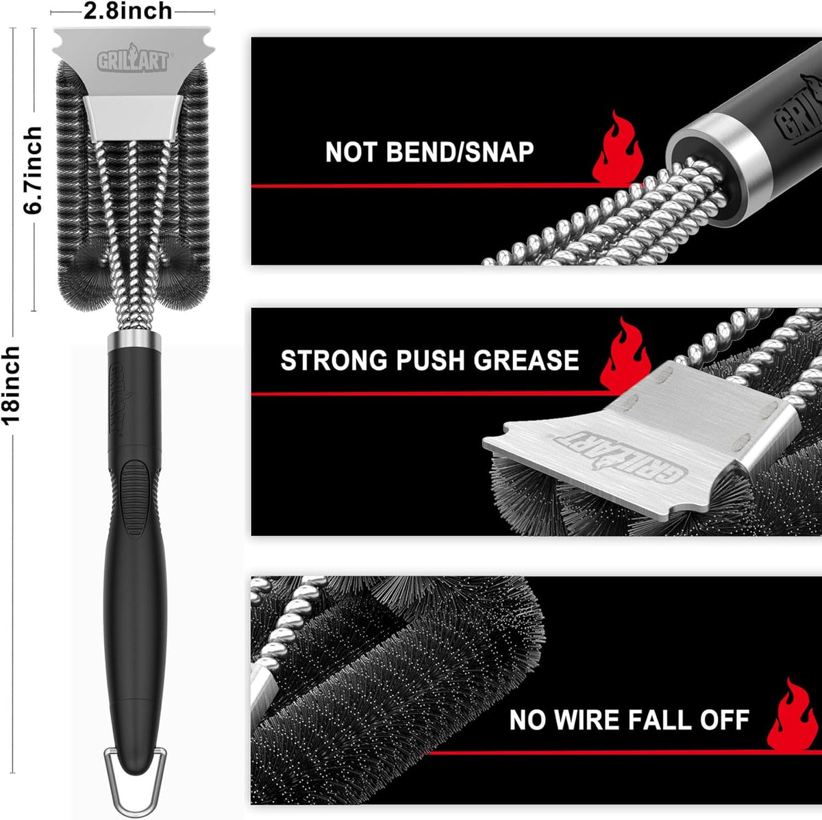 GRILLART Grill Brush and Scraper, Extra Strong BBQ Cleaner Accessories, Safe Wire Bristles Barbecue Triple Scrubbers Cleaning Brush for Gas/Charcoal Grilling Grates, Wizard Tool BR-8115