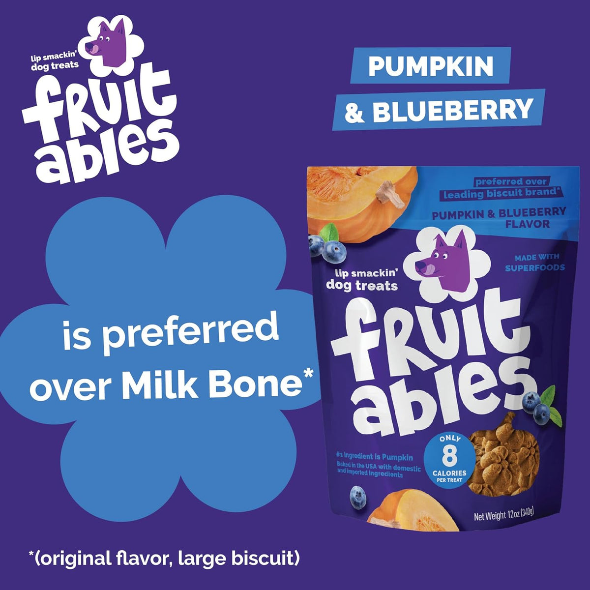 Fruitables Baked Dog Treats, Healthy Pumpkin Treat for Dogs, Low Calorie & Delicious, No Wheat, Corn or Soy, Made in the USA, Pumpkin and Blueberry Flavor, 12oz
