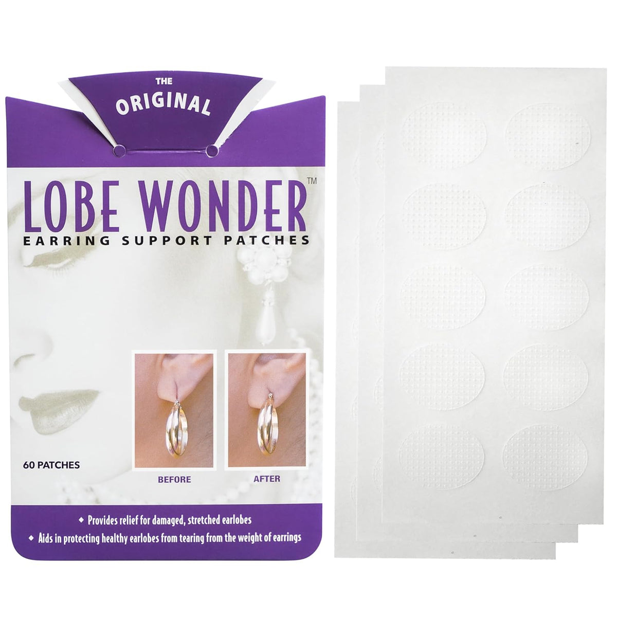 Lobe Wonder - The ORIGINAL Ear Lobe Support Patch for Pierced Ears - Eliminates the Look of Torn or Stretched Piercings - Protects Healthy Ear Lobes from Tearing - 60 Patches - Clear & Latex-Free