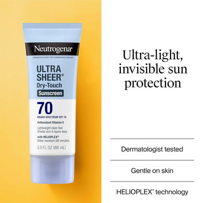 Neutrogena Ultra Sheer Dry-Touch Sunscreen Lotion SPF 70, Broad Spectrum, Water Resistant 80 Min, Oil-Free, Oxybenzone-Free, Non-Comedogenic, Matte Finish, Body Sunscreen, Travel Size 3 Fl Oz