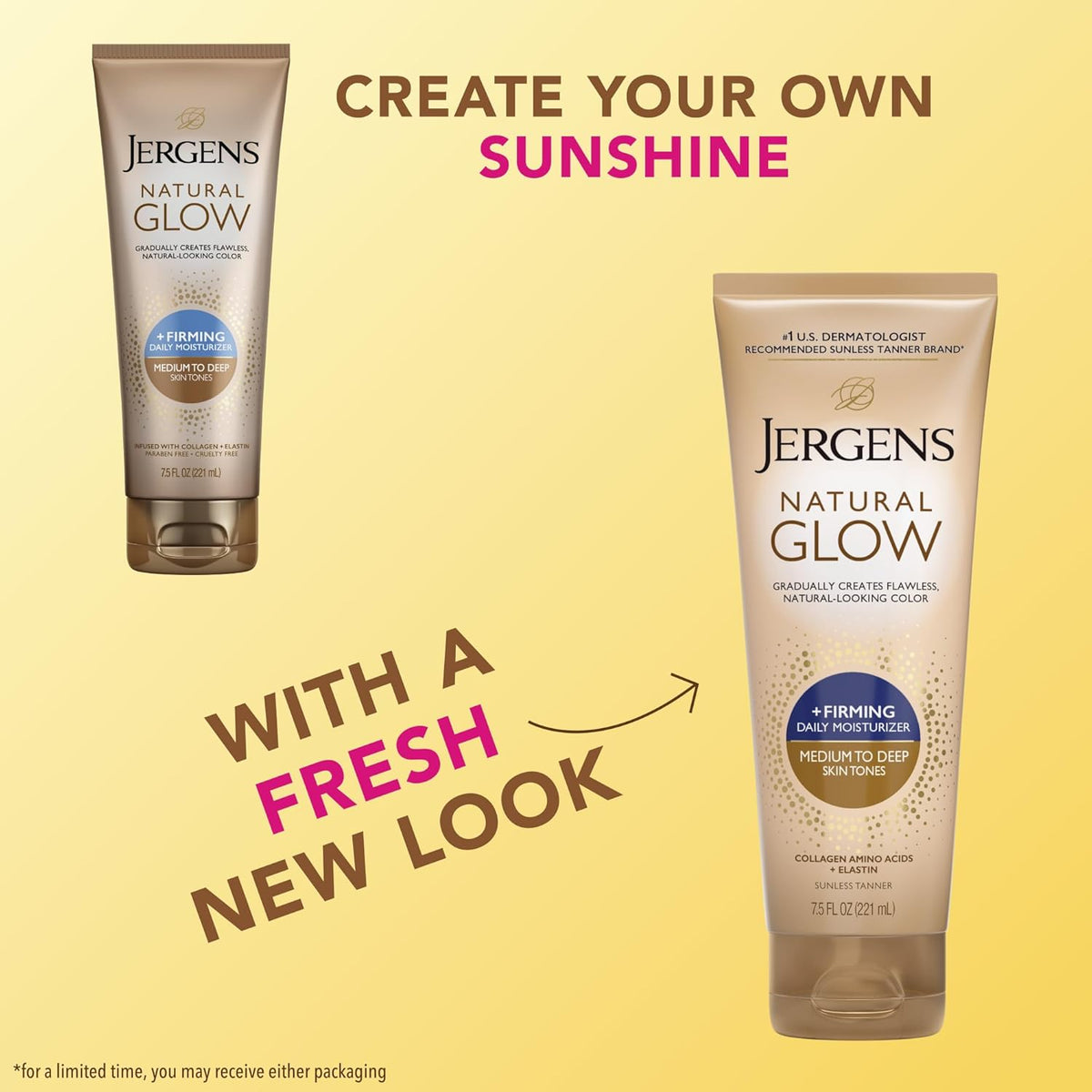 Jergens Natural Glow +Firming Self Tanner Body Lotion, Medium to Deep Skin Tone, Sunless Tanning Moisturizer with Collagen and Elastin, Helps to Visibly Reduce Cellulite, 7.5 Oz, Pack of 2