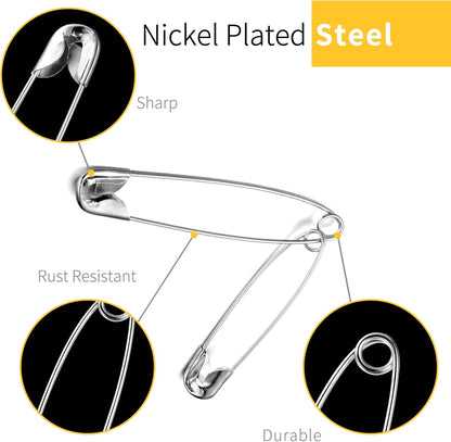 XKDOUS Safety Pins - 150 Pcs Assorted Sizes Silver Pins Bulk - Small & Large Heavy Duty for Clothes, Sewing, Craft