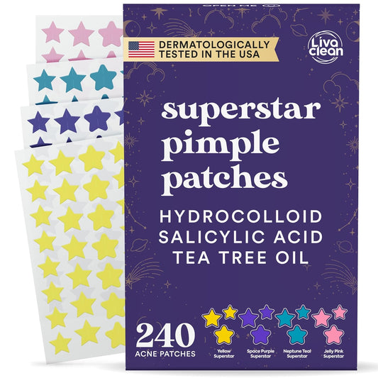Livaclean Star Pimple Patches for Face w/ Hydrocolloid, Tea Tree oil & Salicylic Acid - Zit Stickers, Hydrocolloid Acne Patches for Face - Cute Pimple Patch, Acne Stickers | w/Hydrocolloid, Salicylic Acid, Tea Tree, Healing Stickers, Zit Superstar
