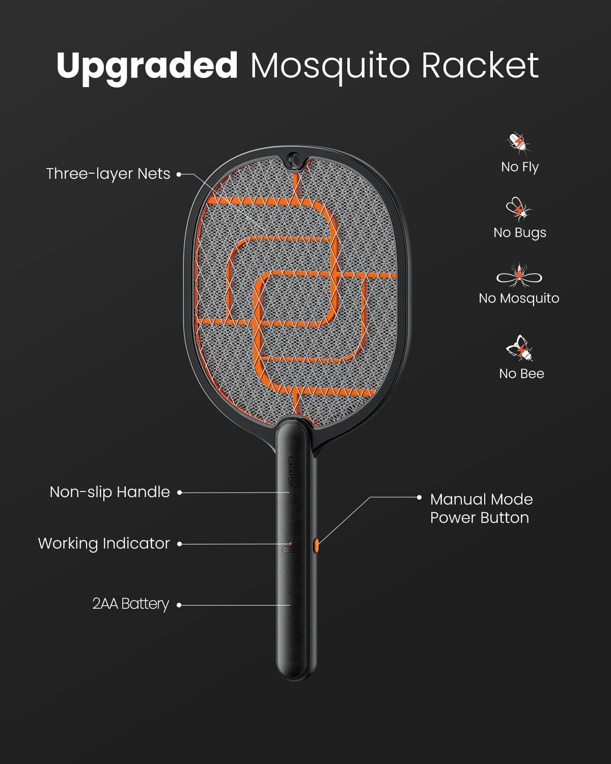 GAIATOP Electric Fly Swatter, 3800V Battery Powered Handheld Fly Zapper, 3-Layer Protection Grid Bug Zapper Racket for Home Bedroom Kitchen Office Backyard Patio Indoor Outdoor