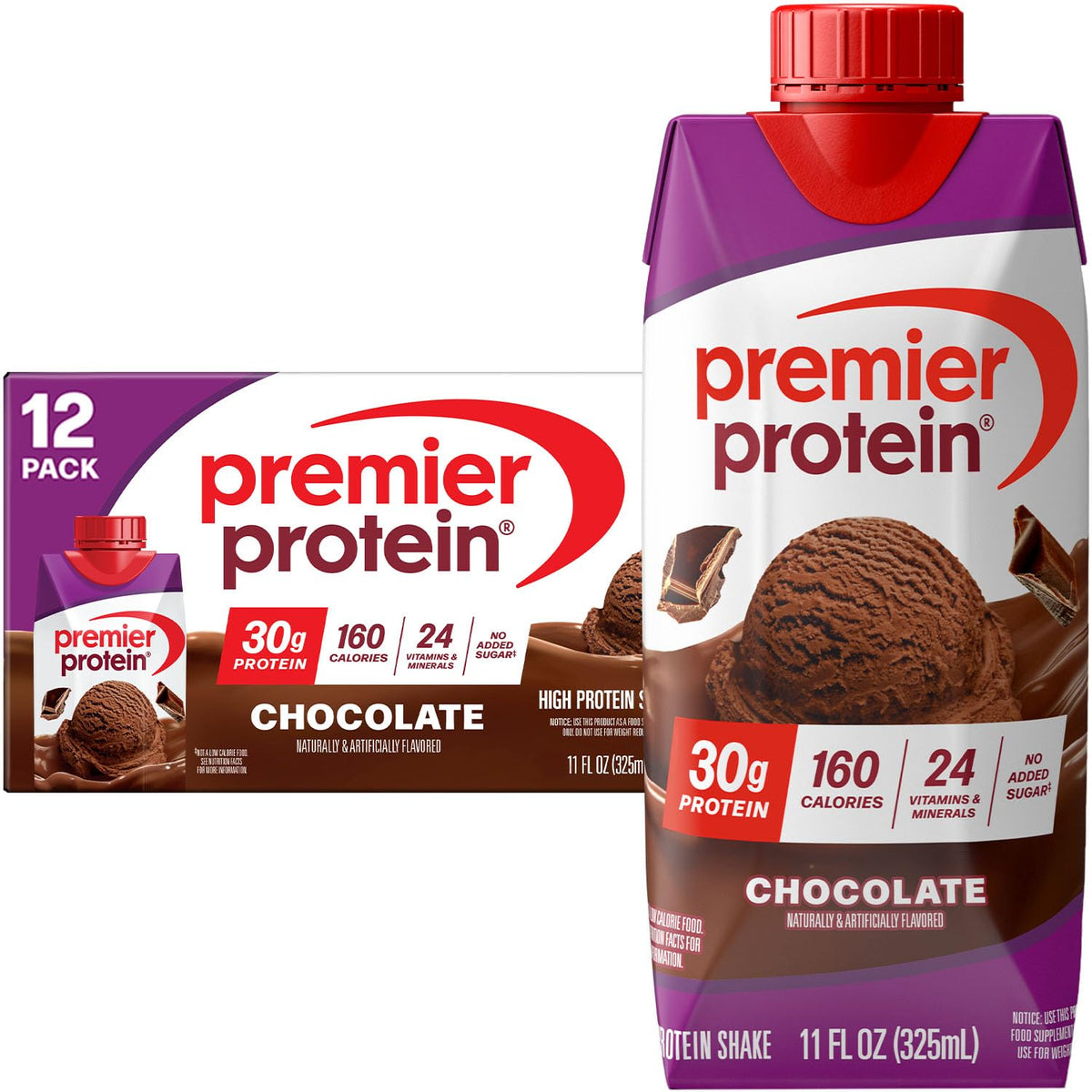 Premier Protein Shake, Chocolate, 30g Protein, No Added Sugar, 24 Vitamins & Minerals to Support Immune Health, 11 fl oz, 12 Pack