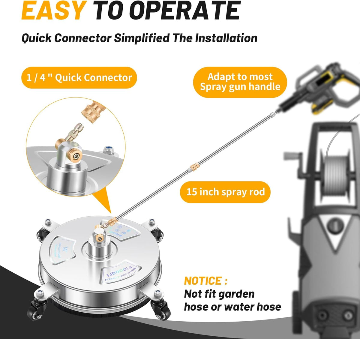 14" Pressure Washer Surface Cleaner with 4 Wheels - Stainless Steel Surface Cleaner for Pressure Washer Attachment for Concrete, Patio, Sidewalk, Deck and Driveways - PWS14