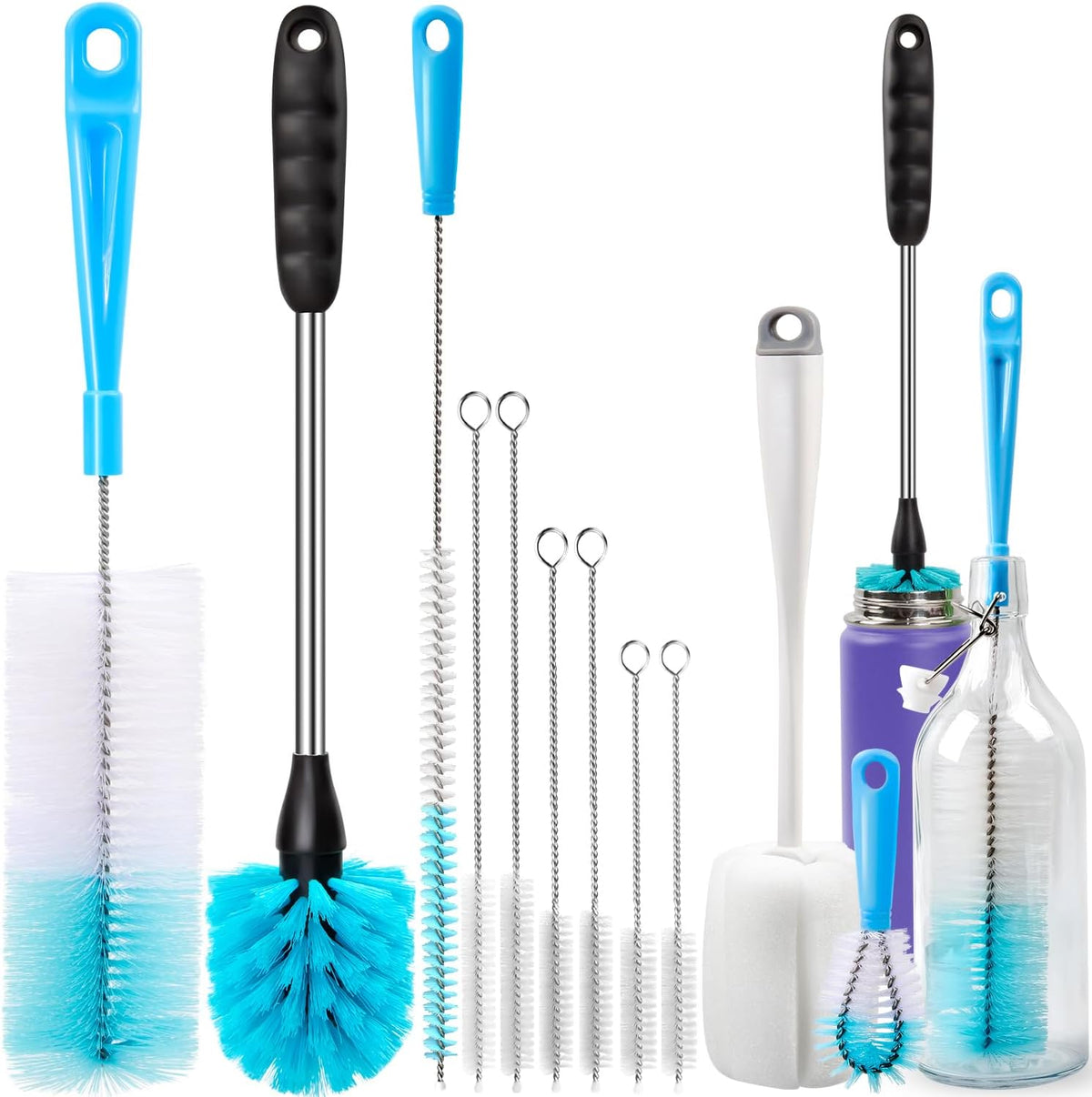 Holikme Bottle Brush Tube Cleaning Lab Set with Long Handle, Cup Cleaner for Washing Narrow Neck Beer Wine Decanter Pipes Lids Sinks Cap Covers, White