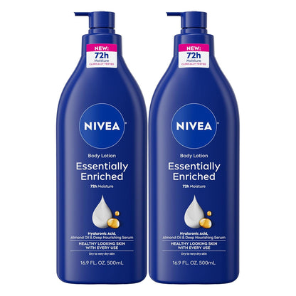 NIVEA Essentially Enriched Body Lotion for Very Dry Skin with Hyaluronic Acid, Almond Oil and Deep Nourishing Serum, 72-Hour Body Moisturizer, 16.9 Fl Oz Pump Bottle, Pack of 2