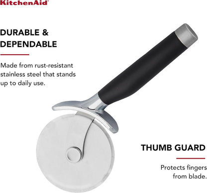 KitchenAid Classic Pizza Wheel with Sharp Blade For Cutting Through Crusts, Pies and More, Built In Finger Guard for Safety and Comfort Grip to Protect Fingers, Dishwasher Safe, 9-Inch, Black