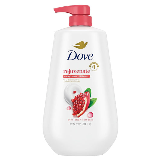 Dove Body Wash with Pump Rejuvenate Pomegranate & Hibiscus for 24hr Lotion-Soft Skin Moisturizing Skin Cleanser with No Sulfates No Parabens 30.6 Oz