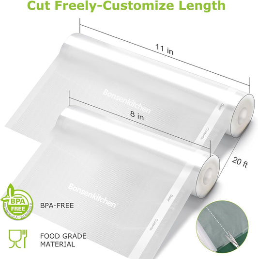 Bonsenkitchen Vacuum Sealer Rolls Bags, 6 Pack 3 Rolls 11" x 20' + 3 Rolls 8" x 20' Commercial Grade BPA Free Bag Rolls, Durable Customized Size Food Vac Bags for Storage and Sous Vide Cooking VB3211