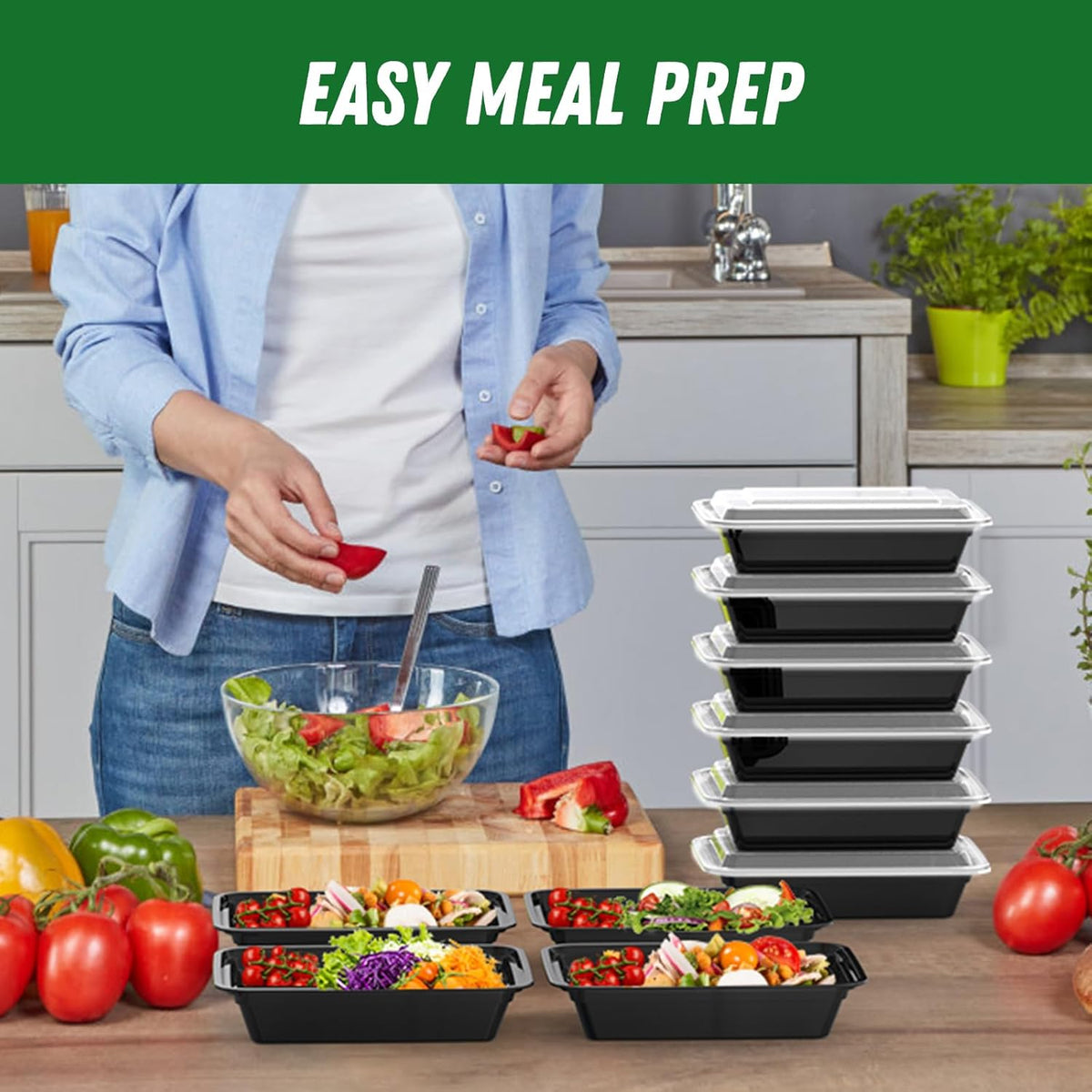 50 Pack (100-Piece) 32 oz Meal Prep Containers Reusable with Easy Open Lids, Sturdy Leakproof Food Safe, Microwave Freezer Dishwasher Safe, To Go Take Out Plastic Food Storage Pans with Lids, Black