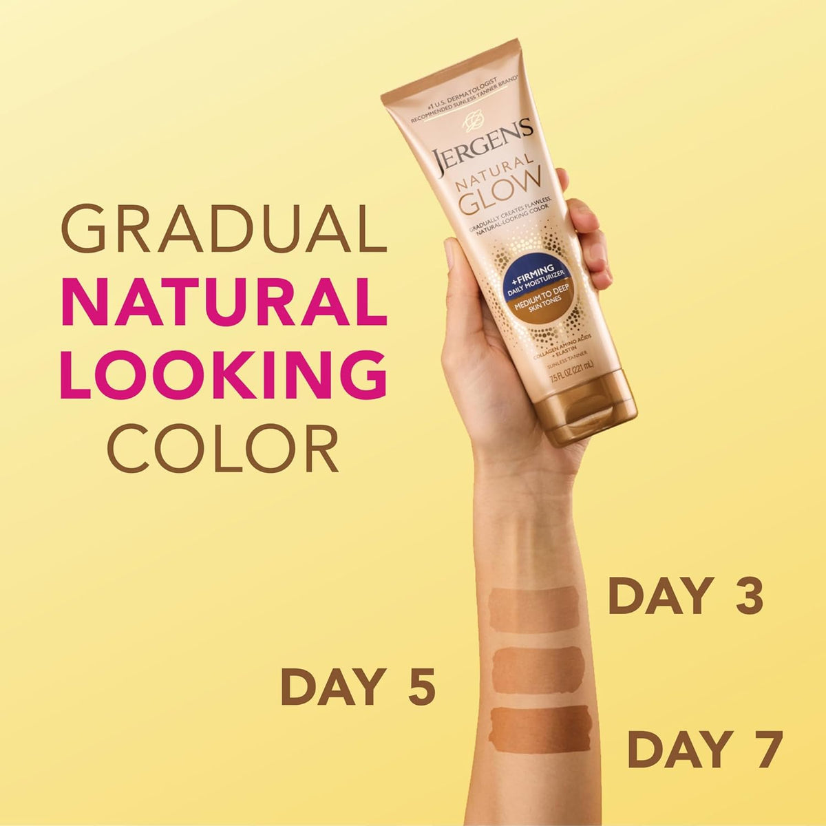 Jergens Natural Glow +Firming Self Tanner Body Lotion, Medium to Deep Skin Tone, Sunless Tanning Moisturizer with Collagen and Elastin, Helps to Visibly Reduce Cellulite, 7.5 Oz, Pack of 2