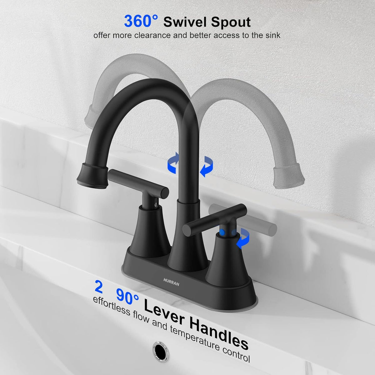 Bathroom Faucets for Sink 3 Hole, Hurran 4 inch Matte Black with Pop-up Drain and 2 Supply Hoses, Stainless Steel Lead-Free 2-Handle Centerset Faucet for Sink Vanity