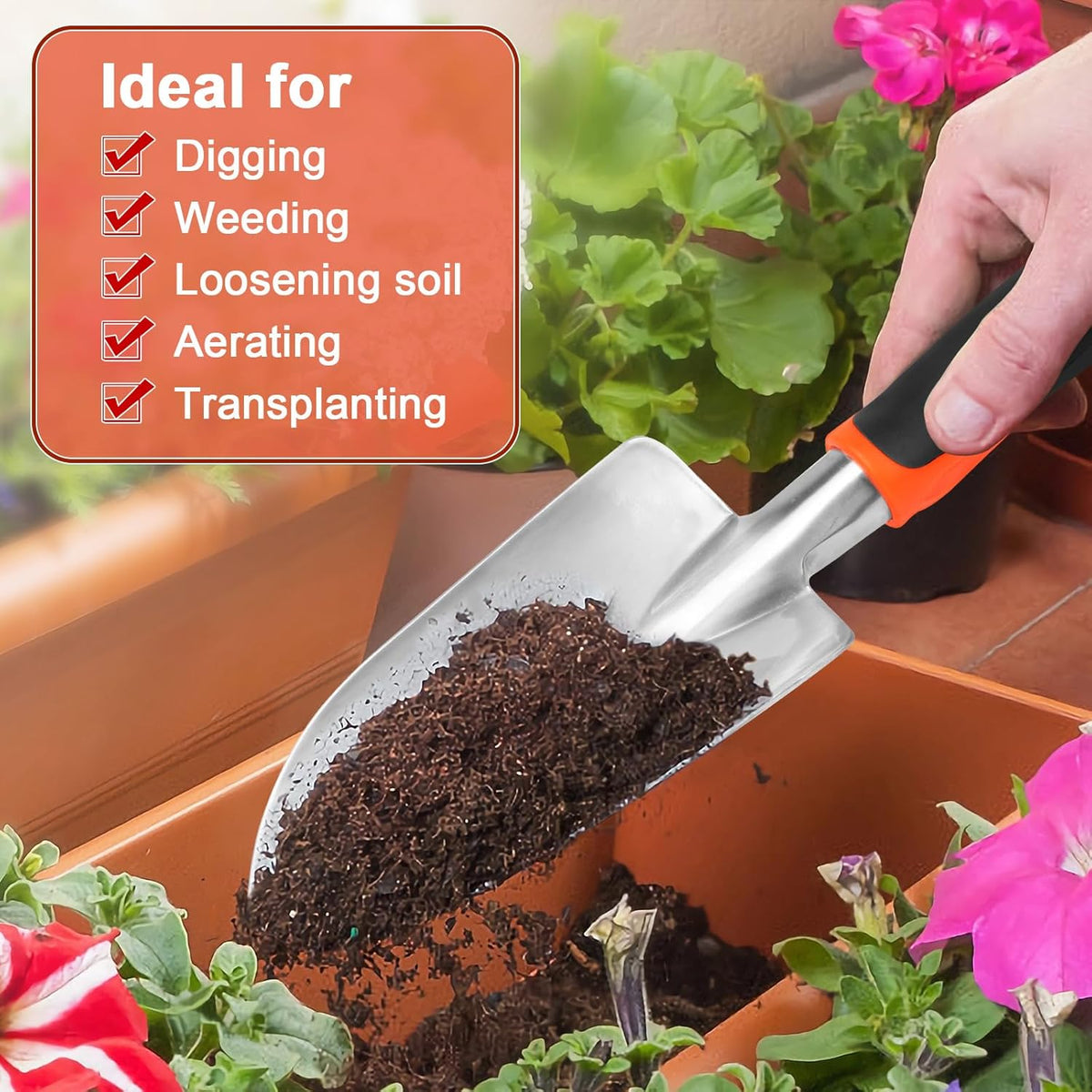 Garden Shovel Garden Hand Trowel, Heavy Duty Hand Shovel with Ergonomic Handle, Small Gardening Tools for Digging, Rust Resistant Gardening Spade Trowel Tools, Orange